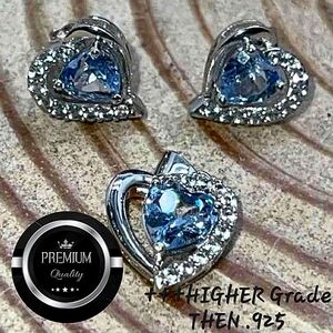 3.13Ct Heart Cut Natural Blue Topaz & Diamond Stud EarringS and Pend .980 TESTED